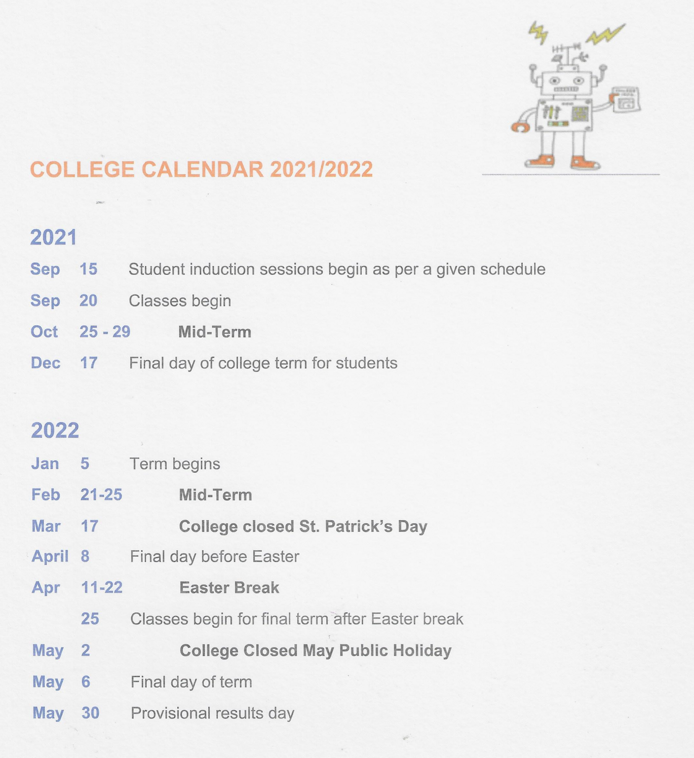 CDCFE Academic Calendar 2021 - 2022 - CDCFE